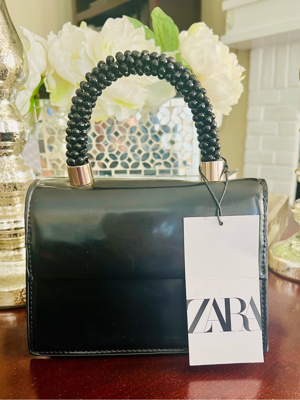 ZARA Black Beaded-Handle Mini Top-Handle Satchel NWT